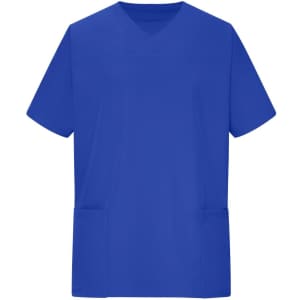 A blue Men’s Stretch Casack tunic with short sleeves and two front pockets. It features a logo on the fabric.