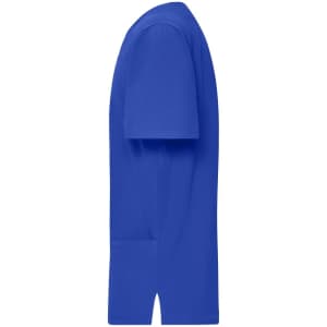 A blue men's stretch casack, featuring short sleeves and a side pocket, displayed in profile view.