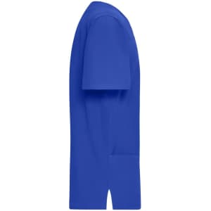 A blue men's stretch casack with short sleeves and a side pocket, featuring a logo on the chest.