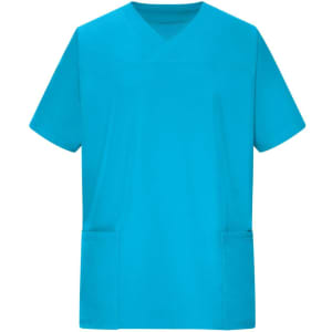 A teal men's stretch casack featuring a V-neck design and two front pockets. It has a logo on it.