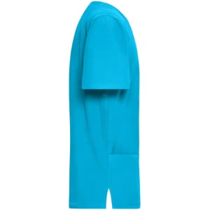 A turquoise men's stretch casack with short sleeves and a pocket design, viewed from the side.