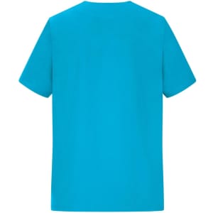 A blue men's stretch casack featuring a simple, short-sleeved design. It has a plain back and includes a logo.