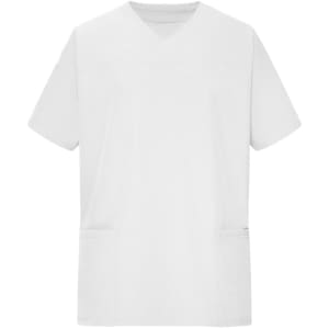 A white men's stretch casack with short sleeves and two front pockets, featuring a logo.