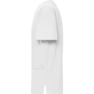 A white men's stretch casack with short sleeves and a logo on the side.