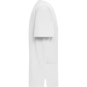 A white men's stretch casack with short sleeves and a side pocket, featuring a logo on the fabric.
