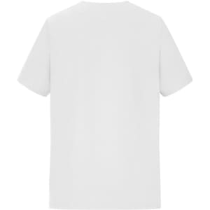A white men's stretch casack with short sleeves and a plain back. Features a logo on the garment.