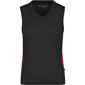 A sleeveless black ladies running tank featuring red side accents and a V-neck design, with a logo present.