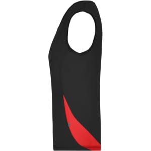 A black ladies' running tank with a red accent, featuring a logo on the side.