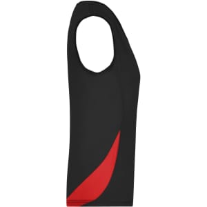 A sleeveless black tank top featuring a red accent, designed for women's running. It includes branding.
