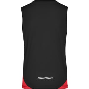 A sleeveless running tank in black with red accents and a subtle striped design at the back. It features a logo.
