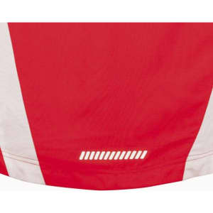 A red ladies running tank featuring a white stripe and a small logo at the bottom.