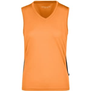 An orange ladies running tank with a v-neck design and side panels, featuring a logo.