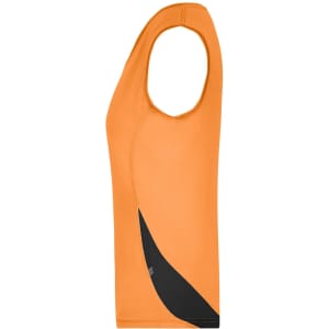 A ladies' running tank in orange with a black accent, featuring a logo on the side.