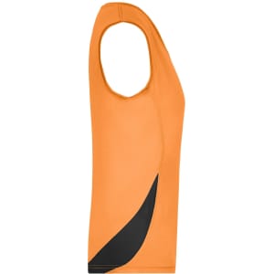 A sleeveless ladies' running tank in vibrant orange with a black design element and a logo.