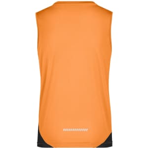 An orange ladies running tank with a black trim, featuring a logo on the back.
