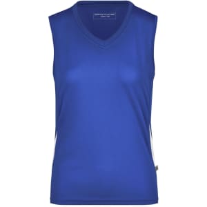 A blue sleeveless running tank with a v-neck design, featuring a subtle logo on the side.