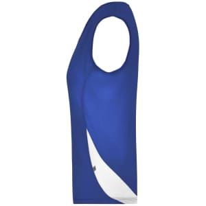 A sleeveless ladies running tank in blue with a white curved design and a logo on the side.