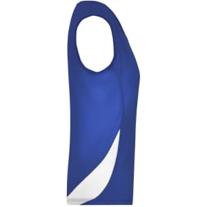 A ladies' running tank in blue with white accent, featuring a sleeveless design and a branding logo.