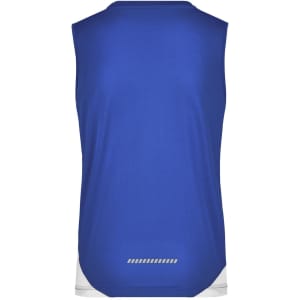A blue ladies running tank with a sleeveless design, featuring a white lower section and a branding logo.
