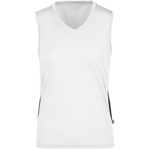 A white ladies running tank featuring a v-neck design and contrasting black side panels, with a logo on the hem.