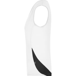 A white ladies running tank top featuring a black design element and a logo on the side.
