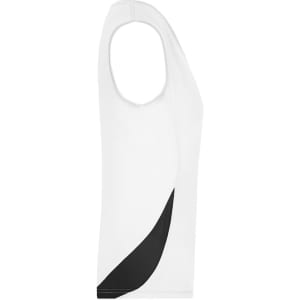 A white ladies running tank featuring a curved black design, with a sleeveless cut and a logo on the fabric.