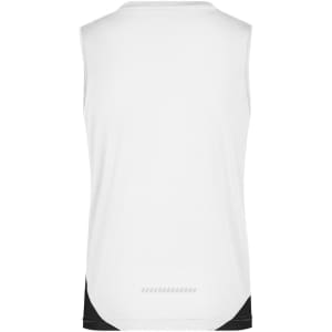 A white ladies running tank with a black accent, featuring a logo on the back.