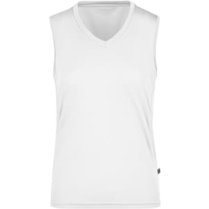 A white ladies’ running tank top with a V-neck and a logo on the side.