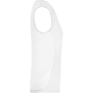A white ladies running tank with a sleeveless design and a logo. The fabric features a stylish curved seam detail.
