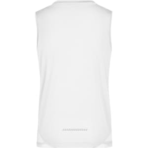 A white ladies' running tank top with a sleek, sleeveless design and a small logo on the back.