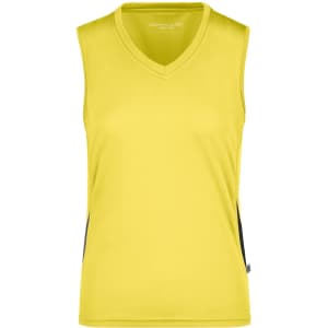 A sleeveless yellow running tank top featuring a V-neck design and side panels. Includes a logo.