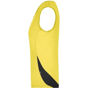 A yellow ladies running tank top with a black design feature and a logo on the side.