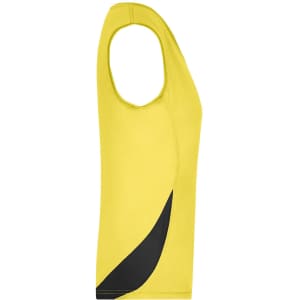 A yellow ladies running tank featuring a black curved design, with a sleeveless cut and a logo on the front.