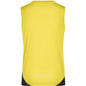 A sleeveless ladies running tank in bright yellow with a black lower panel and a logo at the back.