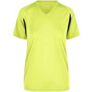 A fluorescent yellow and black ladies' T-shirt with a V-neck design and short sleeves. Features a logo.