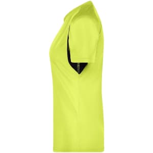 A side view of a ladies T-shirt in fluoro yellow and black, featuring a branded logo on the chest.