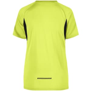 A vibrant fluoro yellow T-shirt with black accents, featuring a sporty design and a logo.