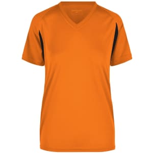 A short-sleeved V-neck T-shirt in bright orange with black accents and a logo.