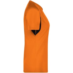 A side view of a women's T-shirt in bright orange with black detailing and a logo.