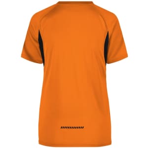 A vibrant fluoro yellow and black ladies' running T-shirt with short sleeves and a sleek design, featuring a logo.