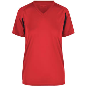 A red V-neck T-shirt with black accents, featuring a logo on the front. Suitable for ladies' running.
