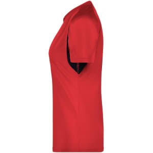 A women's T-shirt in bright red with short sleeves and a sleek design, featuring a logo on the front.