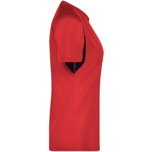 A red short-sleeved women's T-shirt with a fitted design and logo detailing.