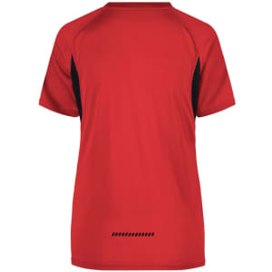 A red T-shirt with black side panels and short sleeves, featuring a logo on the back.