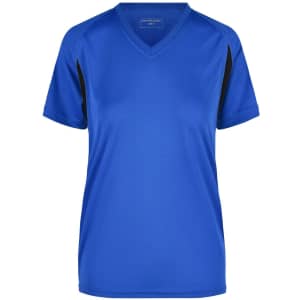 A blue T-shirt with black accents, featuring a V-neck and short sleeves. It has a logo on the front.