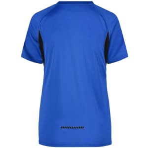 A blue T-shirt with black accents, featuring a logo and a relaxed fit design.