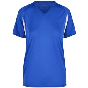 A blue V-neck T-shirt with white side panels, featuring a logo on the front.