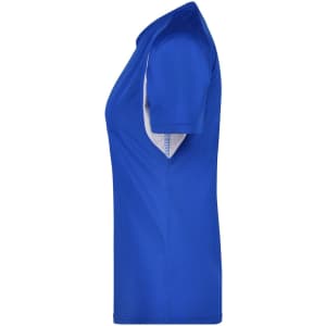 A blue ladies' T-shirt featuring short sleeves and a sporty design, with a contrasting panel. The shirt has a logo.