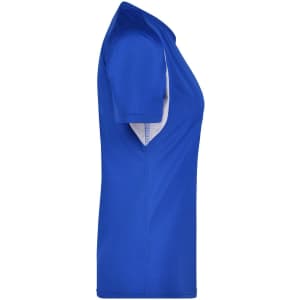 A women's short-sleeve running T-shirt in bright blue with white accents and a logo.