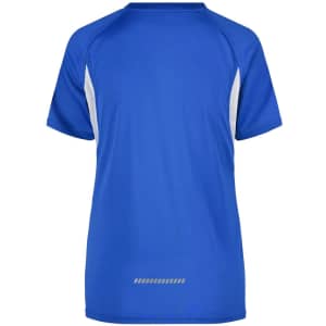 A blue T-shirt with white accents and a logo on the back, featuring a sporty design.